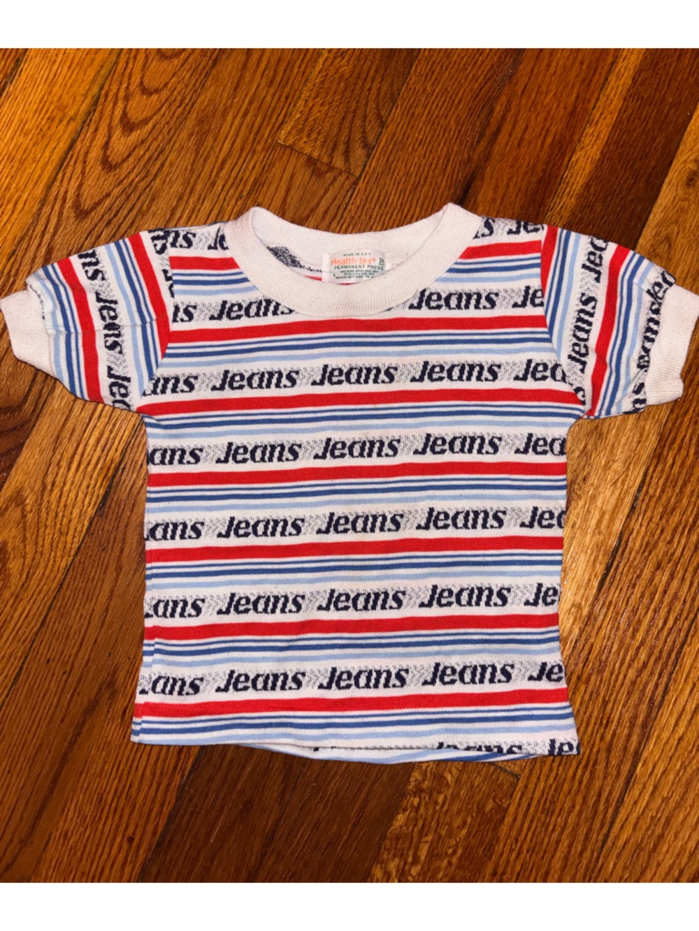 Vintage 70s Kids Healthtex Shirt 2T Jeans Baby Top Stripes USA Blue Red Retro